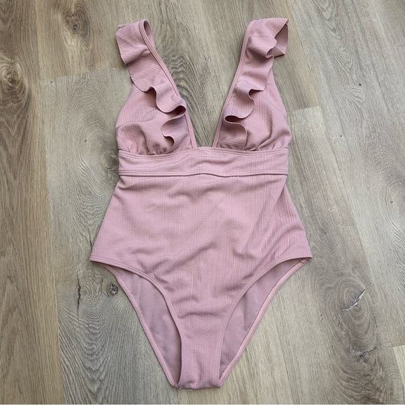 Textured Mauve Ruffled One-Piece Swimsuit - Picture 1 of 6